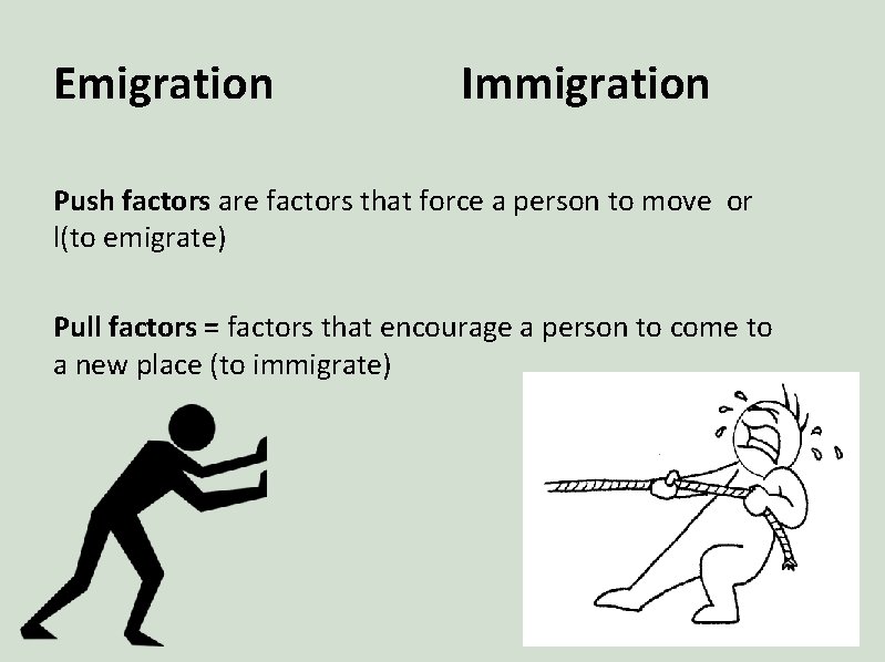 Emigration Immigration Push factors are factors that force a person to move or l(to