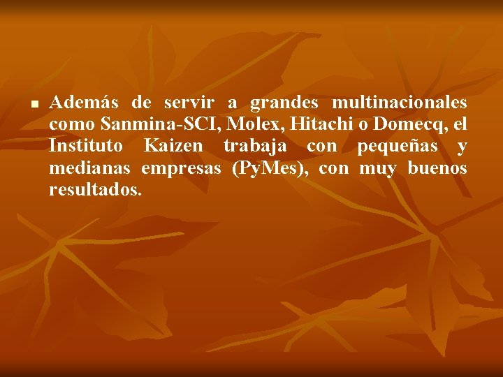 n Además de servir a grandes multinacionales como Sanmina-SCI, Molex, Hitachi o Domecq, el