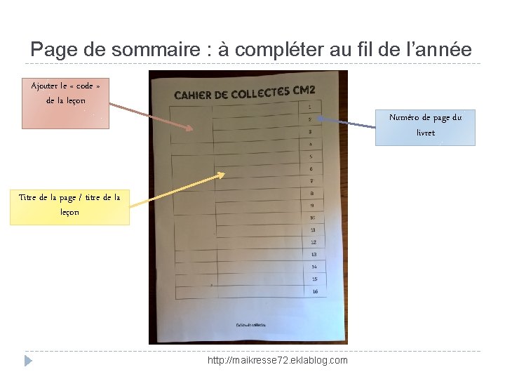 Page de sommaire : à compléter au fil de l’année Ajouter le « code