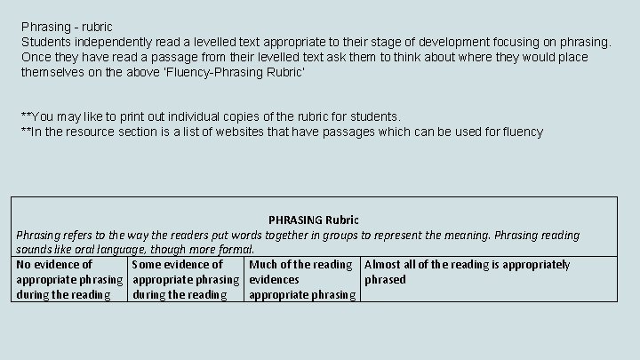 Phrasing - rubric Students independently read a levelled text appropriate to their stage of