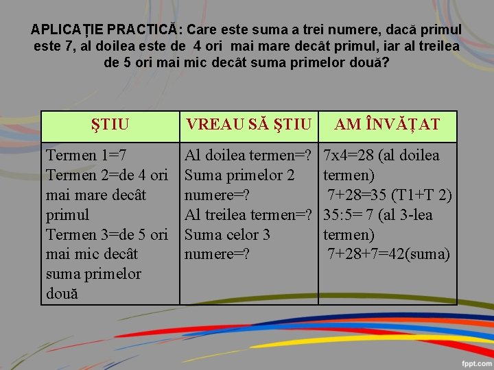 APLICAȚIE PRACTICĂ: Care este suma a trei numere, dacă primul este 7, al doilea