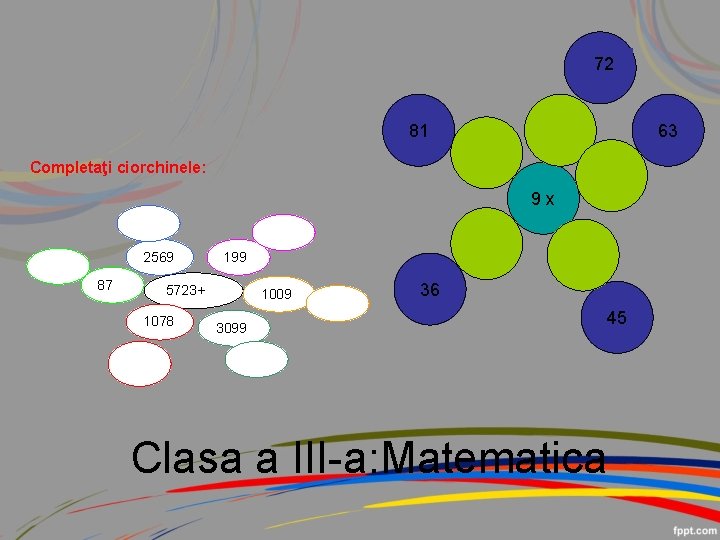 72 81 63 Completaţi ciorchinele: 9 x 2569 87 199 5723+ 1078 1009 3099