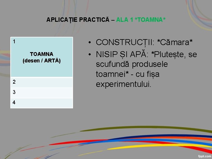 APLICAȚIE PRACTICĂ – ALA 1 *TOAMNA* 1 TOAMNA (desen / ARTĂ) 2 3 4