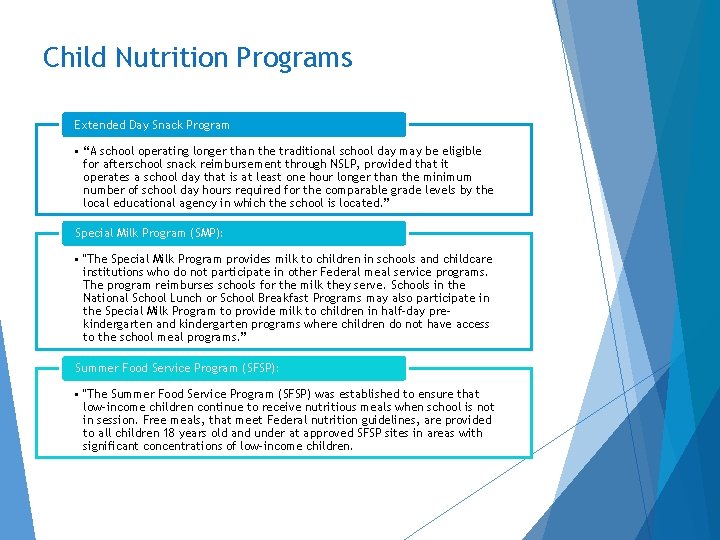 Child Nutrition Programs Extended Day Snack Program • “A school operating longer than the