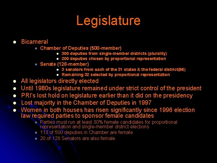 Legislature l Bicameral l Chamber of Deputies (500 -member) l l l Senate (128