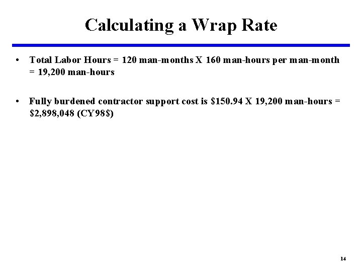 Calculating a Wrap Rate • Total Labor Hours = 120 man-months X 160 man-hours Calculating a Wrap Rate • Total Labor Hours = 120 man-months X 160 man-hours