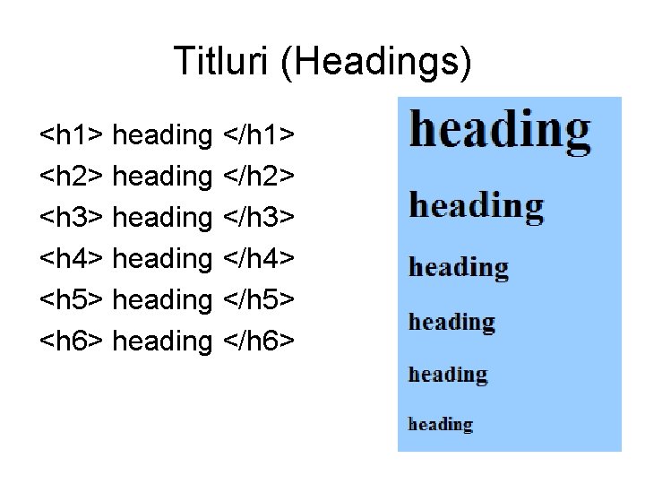 Titluri (Headings) <h 1> heading </h 1> <h 2> heading </h 2> <h 3>