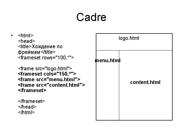 Cadre • <html> <head> <title>Хождение по фреймам</title> <frameset rows="100, *"> <frame src="logo. html"> <frameset