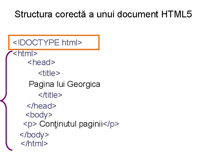 Structura corectă a unui document HTML 5 <!DOCTYPE html> <head> <title> Pagina lui Georgica