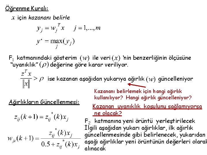 Öğrenme Kuralı: için kazananı belirle F 1 katmanındaki gösterim ile veri ‘nin benzerliğinin ölçüsüne