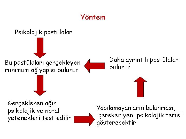 Yöntem Psikolojik postülalar Bu postülaları gerçekleyen minimum ağ yapısı bulunur Gerçeklenen ağın psikolojik ve