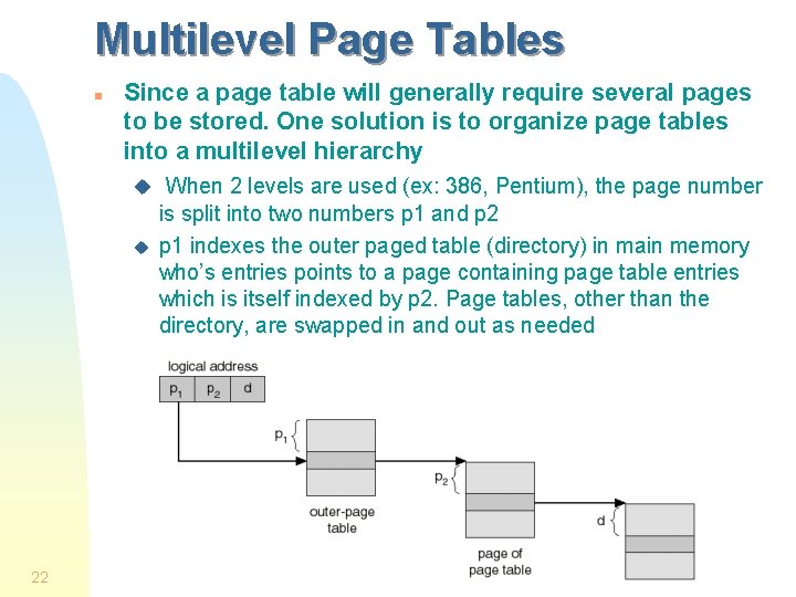 Multilevel Page Tables n Since a page table will generally require several pages to Multilevel Page Tables n Since a page table will generally require several pages to