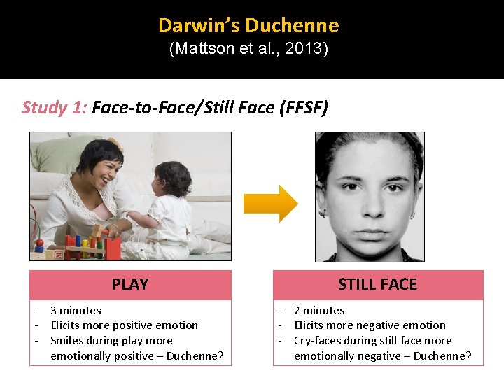 Darwin’s Duchenne (Mattson et al. , 2013) Study 1: Face-to-Face/Still Face (FFSF) PLAY STILL Darwin’s Duchenne (Mattson et al. , 2013) Study 1: Face-to-Face/Still Face (FFSF) PLAY STILL