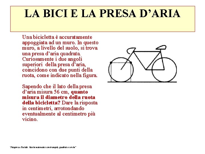 LA BICI E LA PRESA D’ARIA Una bicicletta è accuratamente appoggiata ad un muro.