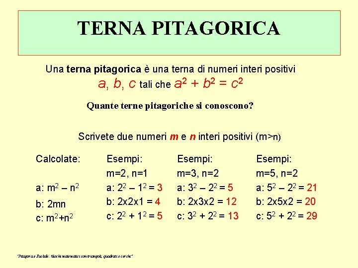 TERNA PITAGORICA Una terna pitagorica è una terna di numeri interi positivi a, b,