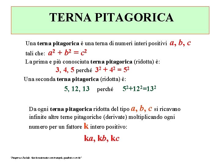 TERNA PITAGORICA Una terna pitagorica è una terna di numeri interi positivi a, b,