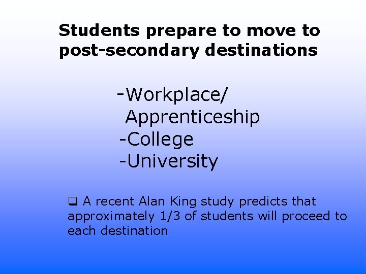 Students prepare to move to post-secondary destinations -Workplace/ Apprenticeship -College -University q A recent