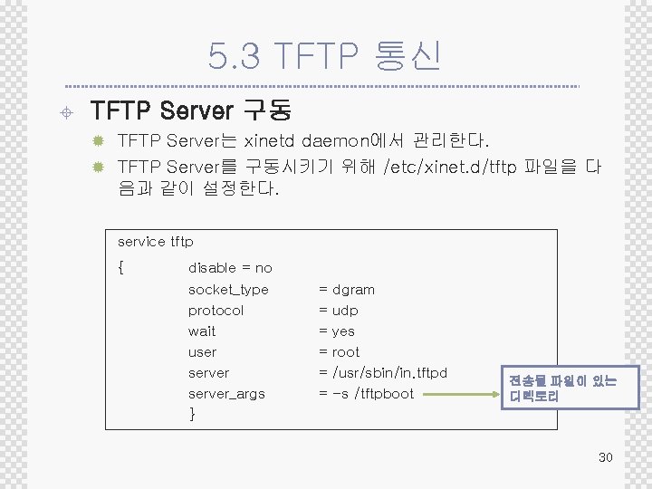 5. 3 TFTP 통신 ± TFTP Server 구동 ® TFTP Server는 xinetd daemon에서 관리한다.