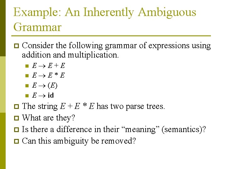 Example: An Inherently Ambiguous Grammar p Consider the following grammar of expressions using addition
