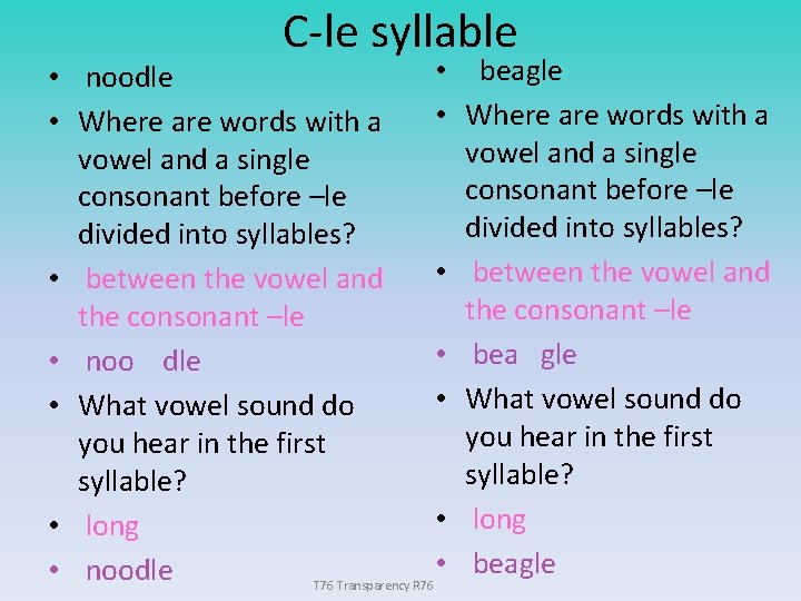 C-le syllable • • noodle • • Where are words with a vowel and