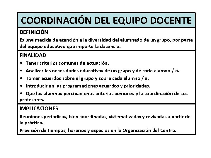 COORDINACIÓN DEL EQUIPO DOCENTE DEFINICIÓN Es una medida de atención a la diversidad del
