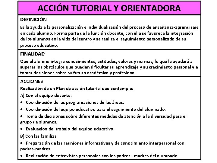 ACCIÓN TUTORIAL Y ORIENTADORA DEFINICIÓN Es la ayuda a la personalización e individualización del