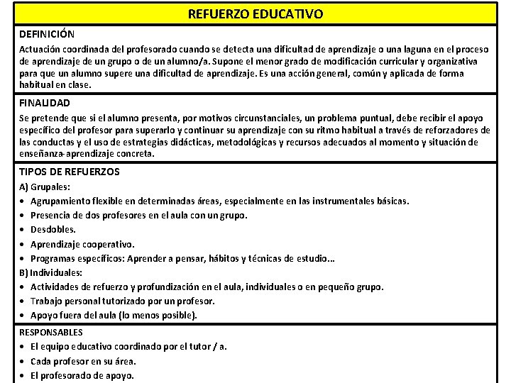 REFUERZO EDUCATIVO DEFINICIÓN Actuación coordinada del profesorado cuando se detecta una dificultad de aprendizaje