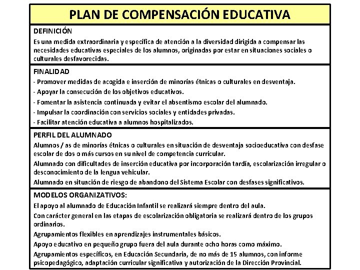 PLAN DE COMPENSACIÓN EDUCATIVA DEFINICIÓN Es una medida extraordinaria y específica de atención a