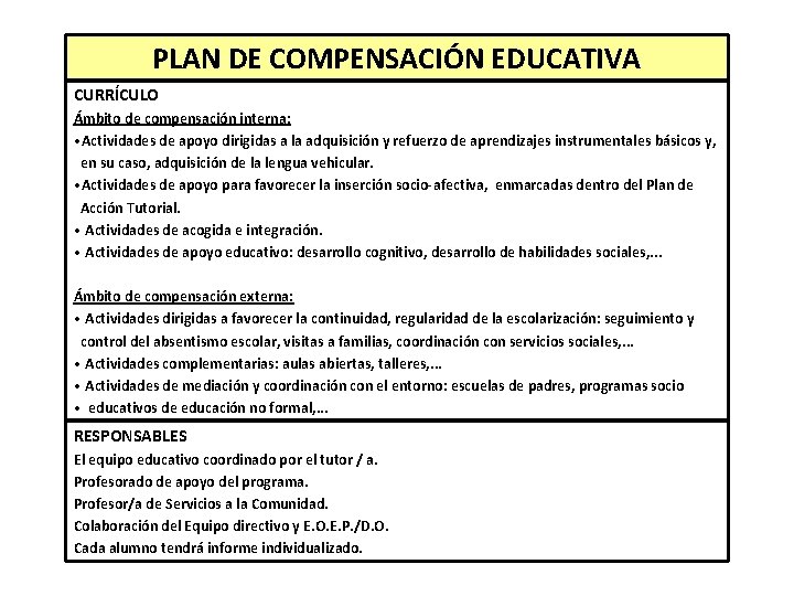 PLAN DE COMPENSACIÓN EDUCATIVA CURRÍCULO Ámbito de compensación interna: • Actividades de apoyo dirigidas