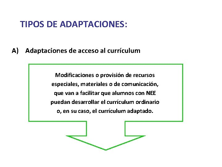 TIPOS DE ADAPTACIONES: A) Adaptaciones de acceso al currículum Modificaciones o provisión de recursos