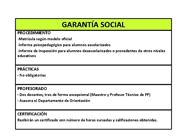 GARANTÍA SOCIAL PROCEDIMIENTO -Matrícula según modelo oficial -Informe psicopedagógico para alumnos escolarizados -Informe de