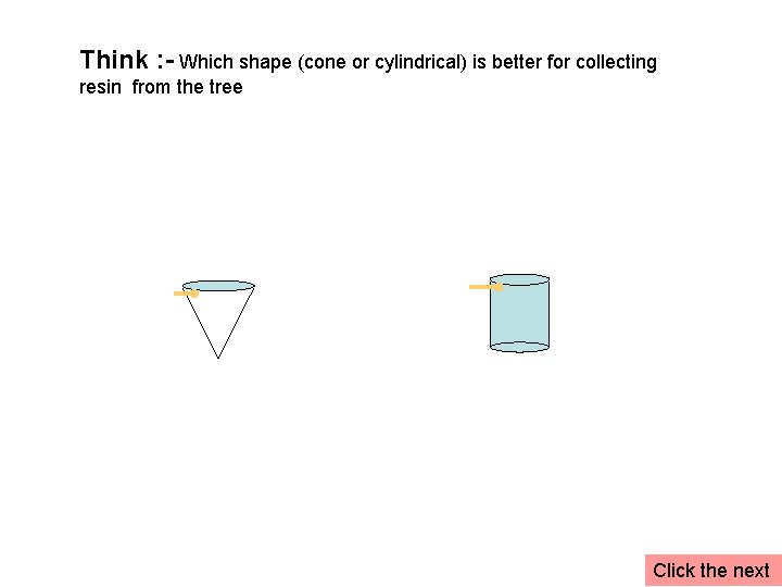Think : - Which shape (cone or cylindrical) is better for collecting resin from