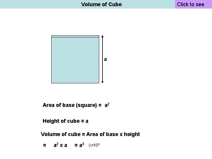 Volume of Cube a a a Area of base (square) = a 2 Height