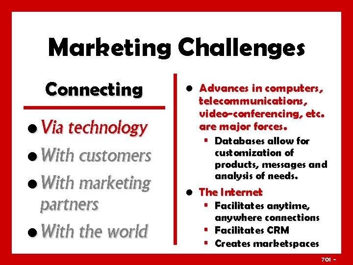 Marketing Challenges Connecting • Via technology • With customers • With marketing partners •