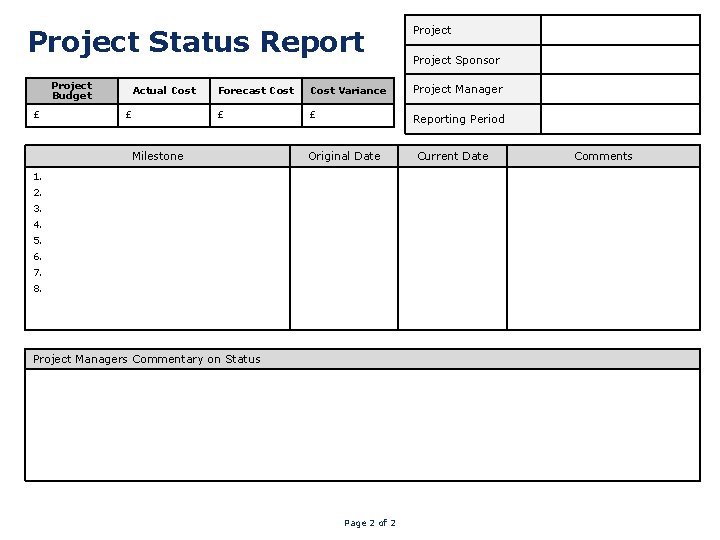 Project Status Report Project Budget £ Actual Cost £ Project Sponsor Forecast Cost Variance