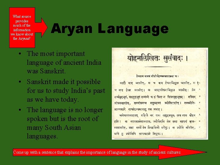 What source provides much of the information we know about the Aryans? Aryan Language