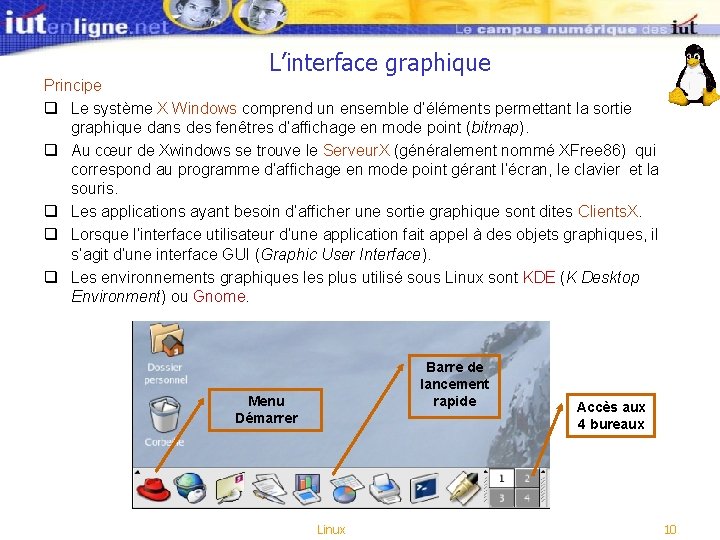 L’interface graphique Principe q Le système X Windows comprend un ensemble d’éléments permettant la L’interface graphique Principe q Le système X Windows comprend un ensemble d’éléments permettant la