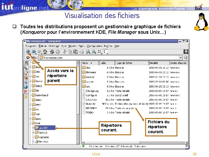 Visualisation des fichiers q Toutes les distributions proposent un gestionnaire graphique de fichiers (Konqueror Visualisation des fichiers q Toutes les distributions proposent un gestionnaire graphique de fichiers (Konqueror