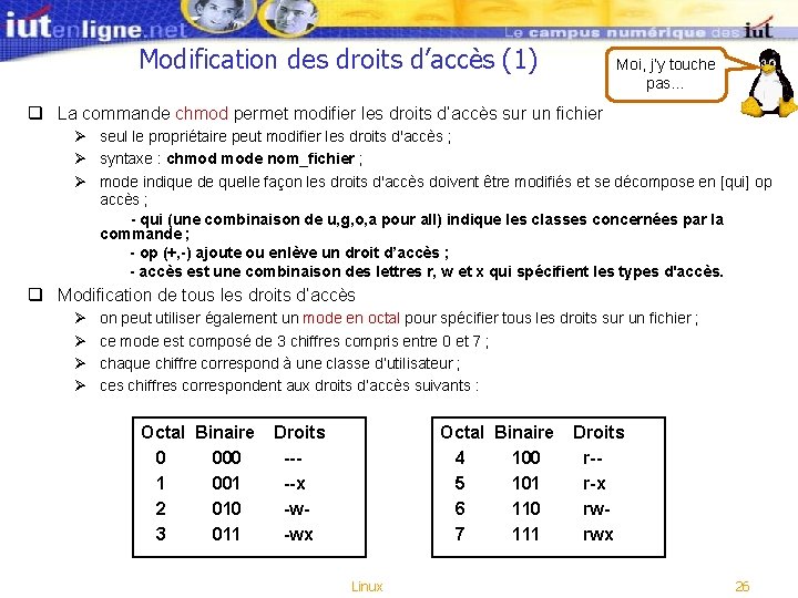 Modification des droits d’accès (1) Moi, j’y touche pas… q La commande chmod permet Modification des droits d’accès (1) Moi, j’y touche pas… q La commande chmod permet