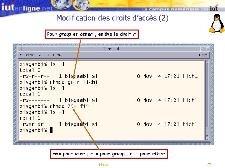 Modification des droits d’accès (2) Pour group et other , enlève le droit r Modification des droits d’accès (2) Pour group et other , enlève le droit r