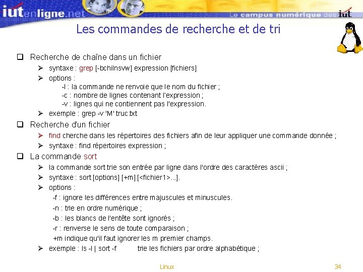 Les commandes de recherche et de tri q Recherche de chaîne dans un fichier Les commandes de recherche et de tri q Recherche de chaîne dans un fichier