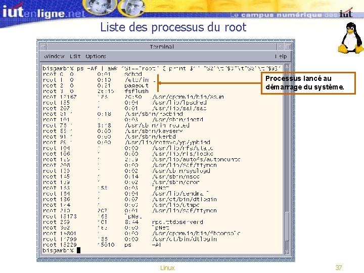 Liste des processus du root Processus lancé au démarrage du système. Linux 37 Liste des processus du root Processus lancé au démarrage du système. Linux 37