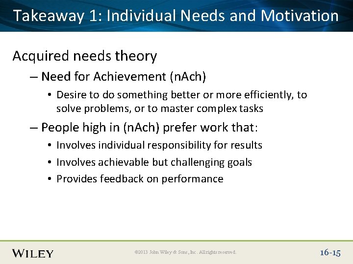 Place Slide 1: Title Text Here Takeaway Individual Needs and Motivation Acquired needs theory