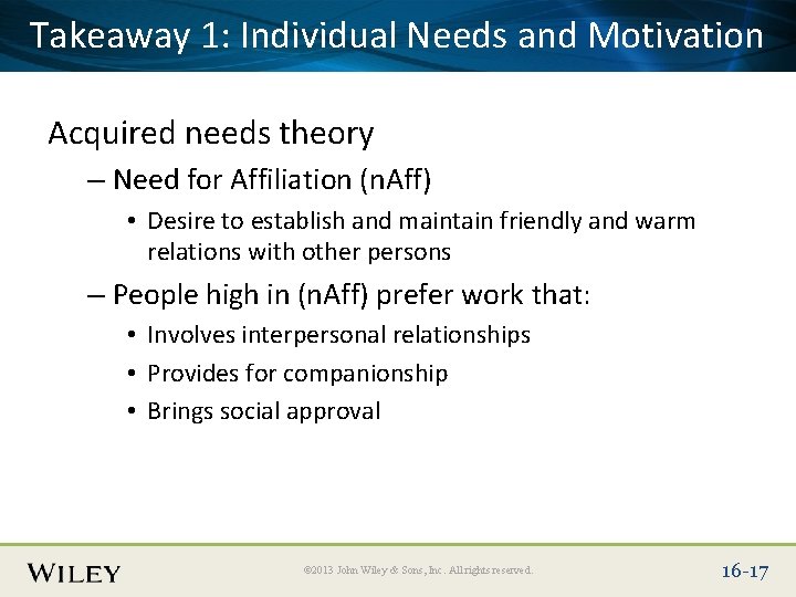 Place Slide 1: Title Text Here Takeaway Individual Needs and Motivation Acquired needs theory