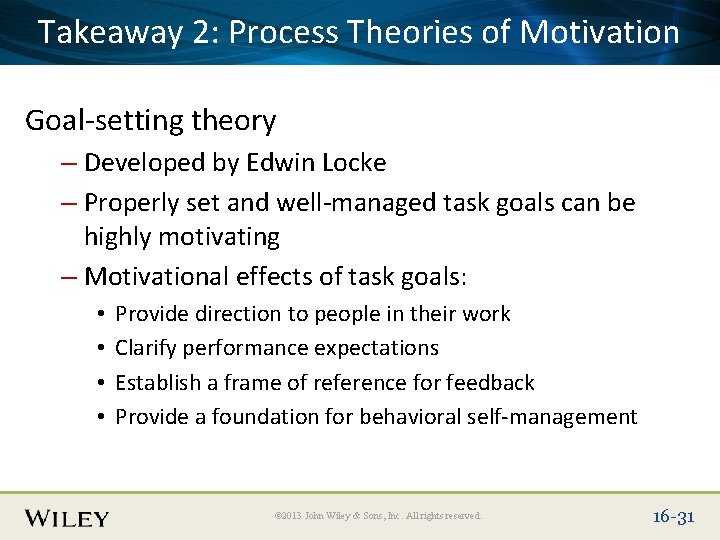 Place Slide Title Text Here Takeaway 2: Process Theories of Motivation Goal-setting theory –