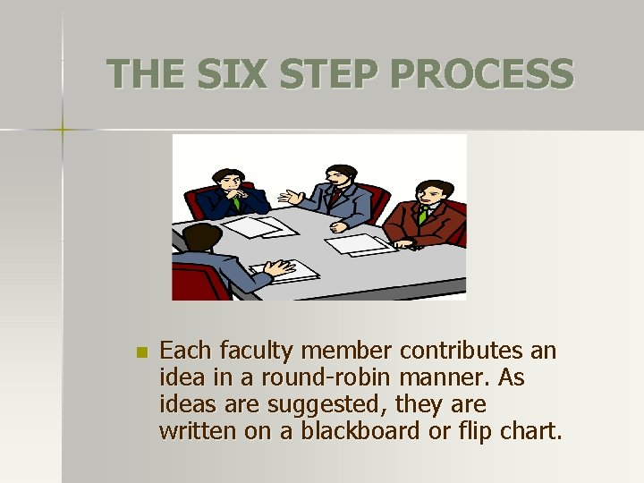 THE SIX STEP PROCESS n Each faculty member contributes an idea in a round-robin