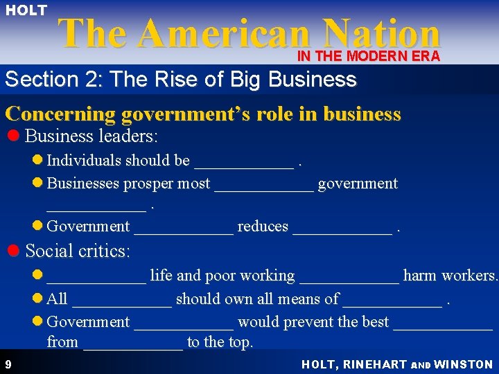 HOLT The American Nation IN THE MODERN ERA Section 2: The Rise of Big