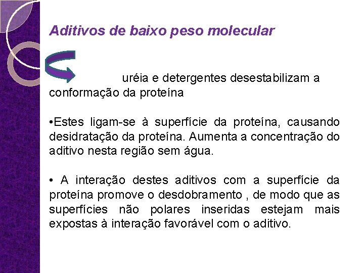 Aditivos de baixo peso molecular uréia e detergentes desestabilizam a conformação da proteína •