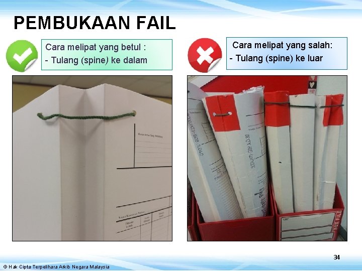 PEMBUKAAN FAIL Cara melipat yang betul : - Tulang (spine) ke dalam Cara melipat