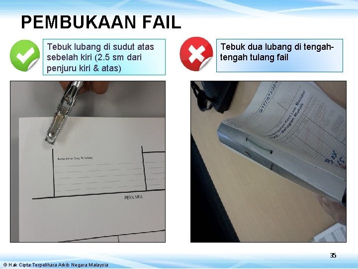 PEMBUKAAN FAIL Tebuk lubang di sudut atas sebelah kiri (2. 5 sm dari penjuru